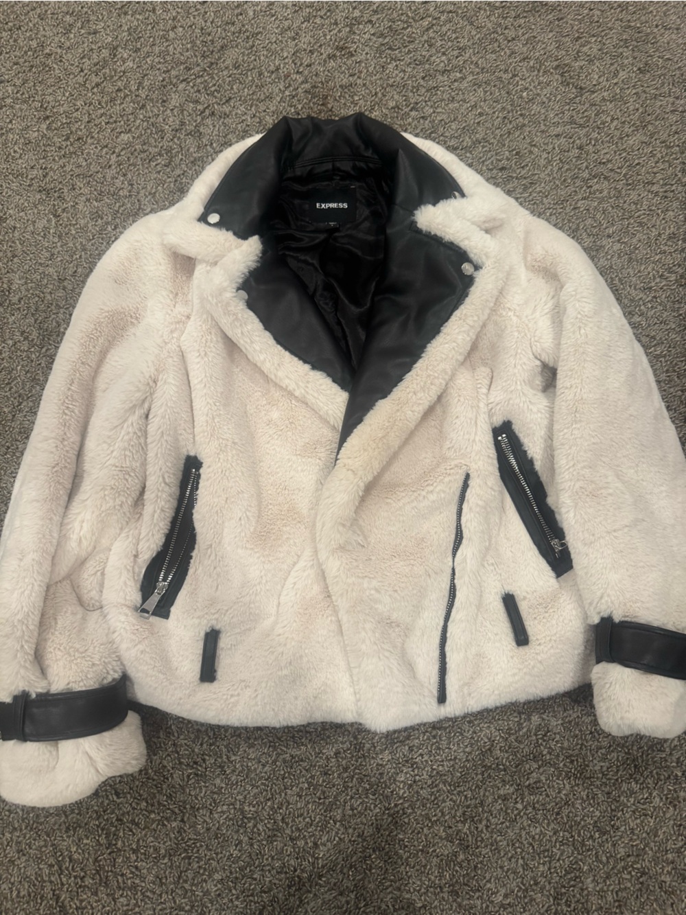 Express Ivory Teddy Jacket with Black Trim